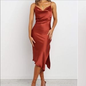 COPY - Petal & Pup Rust Cypress Draped Cowl Silky Satin Side Slit Midi Slip Dre…